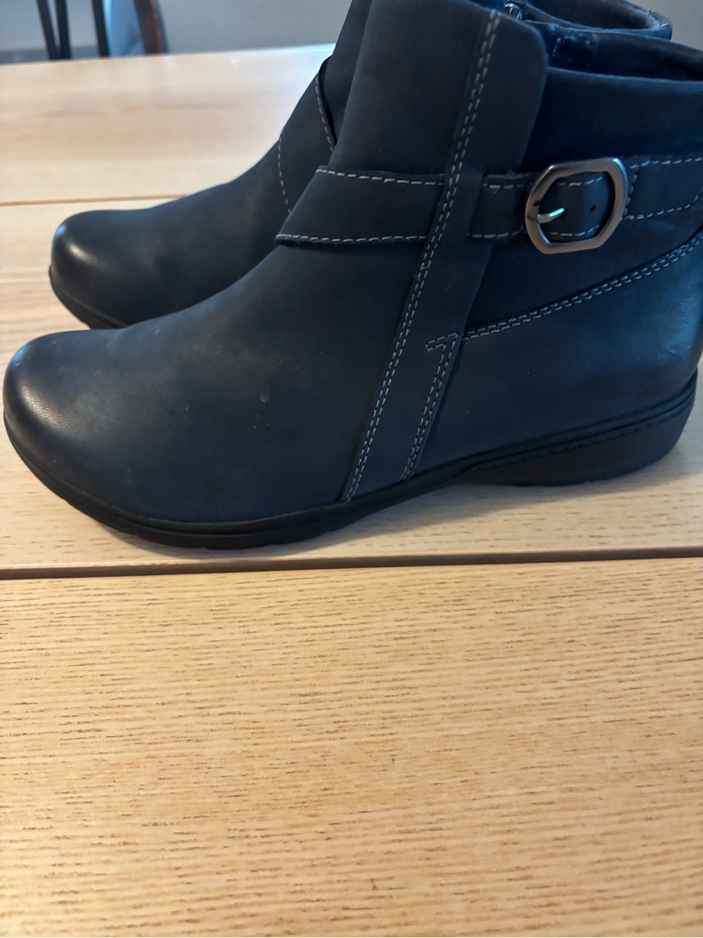 Clarks Navy Leather Ankle Booties with Side Buckle